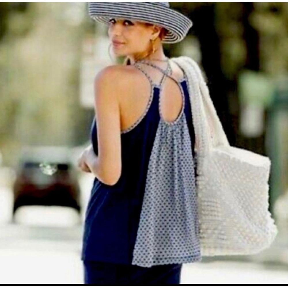CAbi cross-strap tank top blue white trapeze shape crisscross back sz S